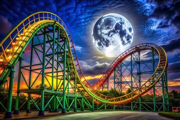Obraz premium Night Roller Coaster Ride under Full Moon - Thrilling Fairground Documentary Photography