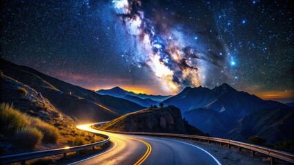 Fototapeta premium Night Road Trip: Starry Sky Over Winding Mountain Road