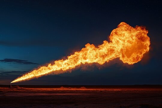 Fire breather performs impressive show at dusk with stunning plume of flames illuminating the night sky. Generative AI