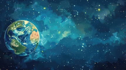 Fototapeta premium watercolor illustration, Earth Hour, planet earth, blue star background, vintage postcard, copy space, free space for text