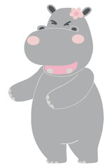 Cute cartoon hippo with a flower, smiling playfully.