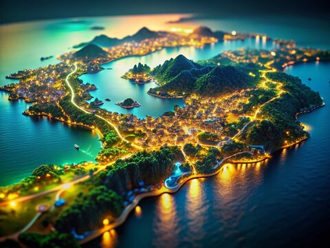 Night View: Isometric 3D Map of Phuket Island, Thailand