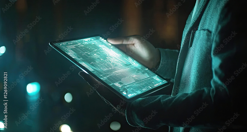 Aufkleber person reviewing data analytics on a tablet at night with glowing teal data visualizations