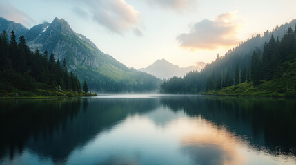 Serene mountain lake sunrise reflection