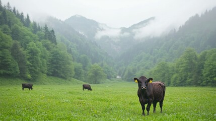 Fototapeta premium Cow grazing in misty mountain pasture