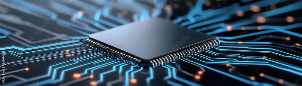 Poster close-up view of circuit board with microchip and elegant blue light connections in high technology 