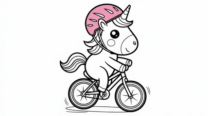 Fototapeta premium A Cute Cartoon Unicorn Biking Coloring Book Page with Flowers and Trees on a White Background Generative AI