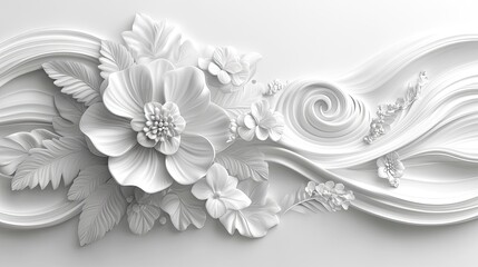 Elegant white floral relief design with intricate details and flowing lines against a smooth background