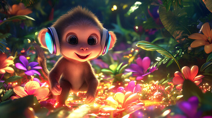 A cutest baby monkey you have never seen who is passionate about music, stage glowing with colorful flowers in beautiful forest	