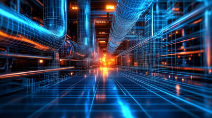 Futuristic Industrial Space with Glowing Pipes

