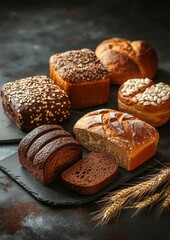 Various types of artisanal bread displayed on dark stone surface with wheat stalks nearby
