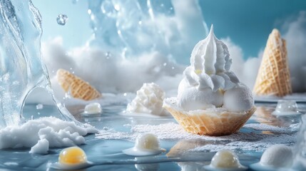 Ice cream scoops with cones and splashes of milk