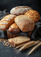 Freshly baked artisanal bread assortment displayed on a rustic cloth with grains and seeds nearby