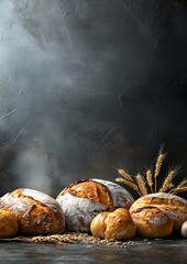 Freshly baked loaves of artisanal bread on a dark table surrounded by wheat
