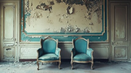 Vintage blue chairs in a dilapidated room with peeling walls and faded decor during daylight
