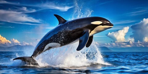 Obraz premium Orca Whale Breaching Ocean Surface Panoramic - Majestic Killer Whale Underwater Wildlife Photography