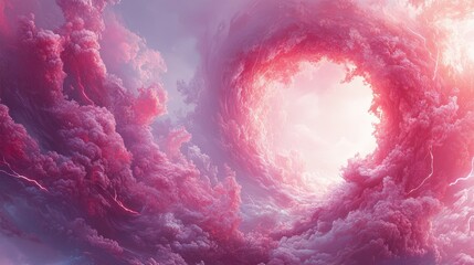 Ethereal pink clouds swirling in a circular formation under a soft, glowing light at sunset