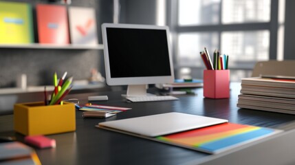 Creative designer’s workspace with colorful stationery