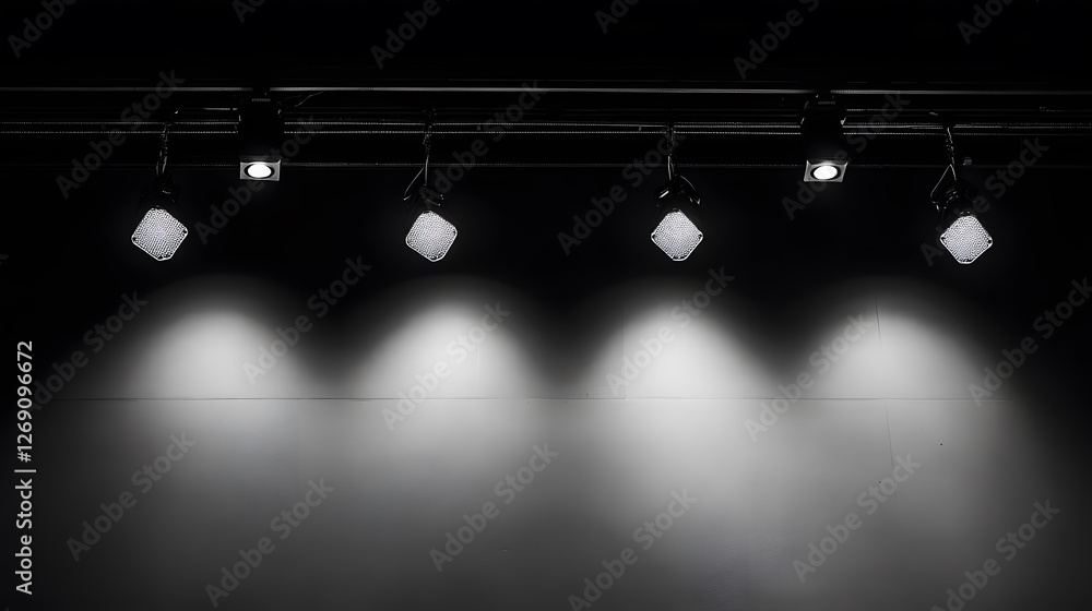 Poster A minimalistic image featuring multiple stage lights casting soft shadows against a dark backdrop, creating a dramatic atmosphere
