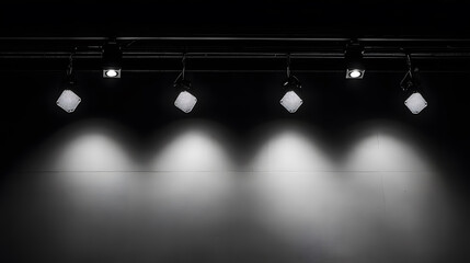 A minimalistic image featuring multiple stage lights casting soft shadows against a dark backdrop, creating a dramatic atmosphere