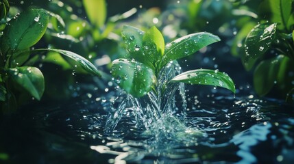 Fresh green leaves with water droplets in natural light