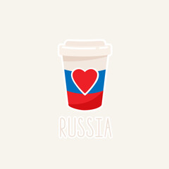 Paper cup with Russian flag and red heart. Russian holidays concept.