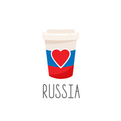 Paper cup with Russian flag and red heart isolated on white background.