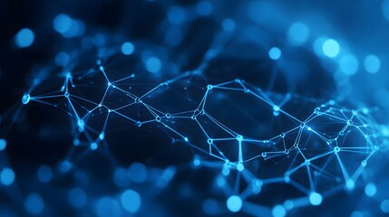 A digital network visualization in shades of blue, featuring interconnected circuit paths weaving through a background of transparent hexagonal overlays 
