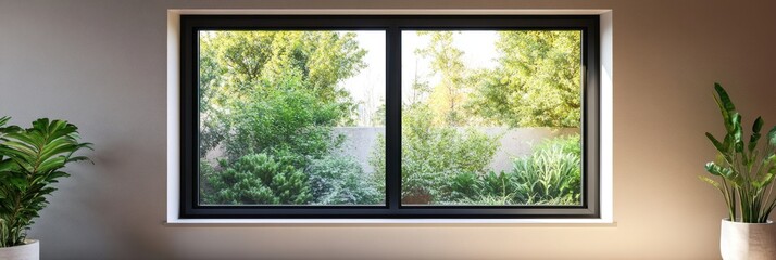 Window view of lush green garden landscape