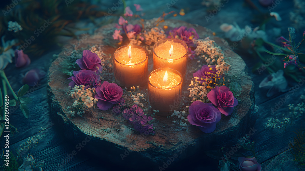 Poster three glowing candles surrounded by vibrant roses and delicate flowers, creating a serene and enchan