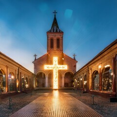 Naklejka premium Generated image Beautiful lights in Christian basilica and crucifix in background 