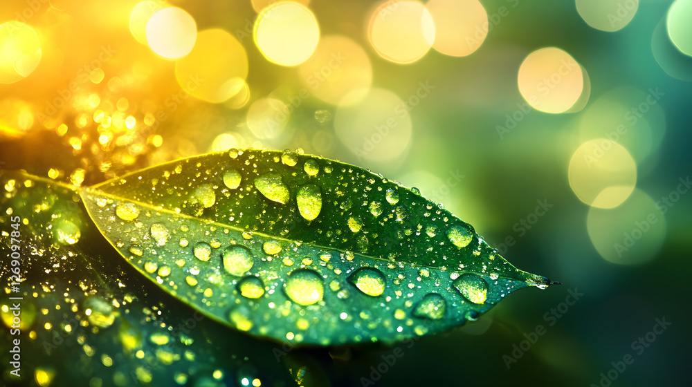 Poster a vibrant close-up of green leaves adorned with sparkling dew drops, reflecting light and creating a