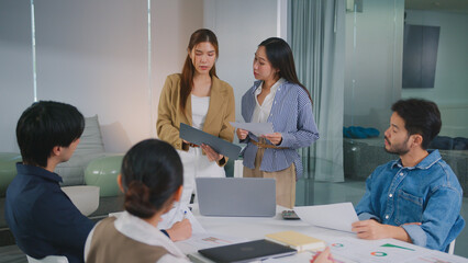 Professional team analyzing business projects, Corporate managers brainstorming strategies. Sharing ideas in a consulting session for financial growth. teamwork and corporate development