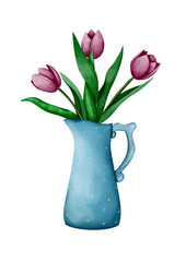 watercolor pink tulips bouquet in blue vase, isolated illustration on transparent background 
