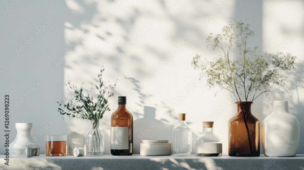 Canvas Prints Minimalist still life with glass bottles and natural light