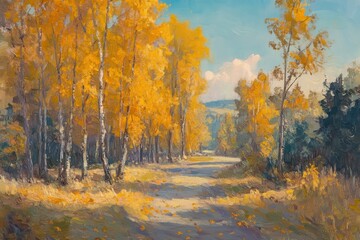 Fototapeta premium Scenic Autumn Pathway with Lush Yellow Trees and Blue Sky