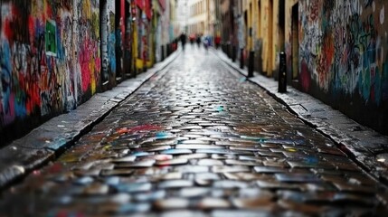 Naklejka premium Cobblestone Alleyway with Vibrant Graffiti Art