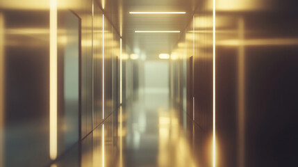 Modern office hallway, warm lighting, reflections, design