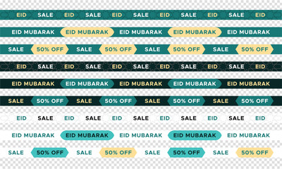 Set of Eid Sale banner tapes, ribbons. 50% off Horizontal tapes with sale, discount, mega and Big sale, special offer. Vector illustration