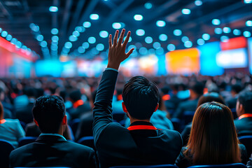 A financial summit with professionals seated in an expansive exhibition hall. A raised hand in the audience signals an interactive discussion with the panelists on stage.