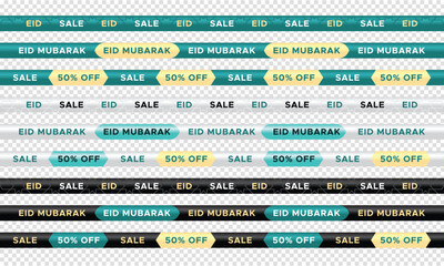 Set of 3D Eid Sale banner tapes, ribbons. 50% off Horizontal tapes with sale, discount, mega and Big sale, special offer. Vector illustration
