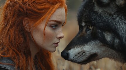 Woman with fiery red hair engages in a moment of connection with a wolf in a natural setting during autumn