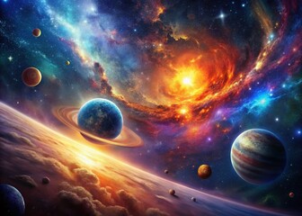 Panoramic Abstract Space Background: Cosmic Planet Nebula Galaxy Design