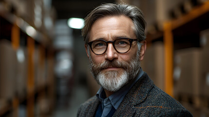 Fototapeta premium In a modern warehouse environment, this experienced entrepreneurial businessman stands confidently. This mature man with beard and glasses in professional business attire, his serious face .
