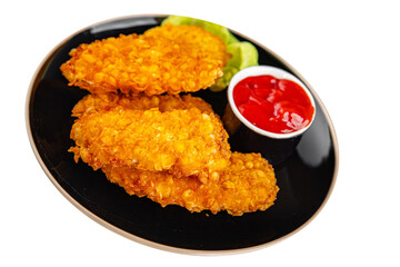 Nuggets chicken meat breaded deep fried fresh tasty food dish gourmet food background on the table rustic food top view copy space