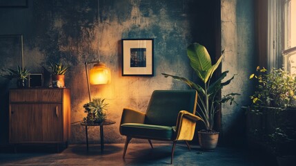 Cozy vintage-style interior with warm lighting and plants