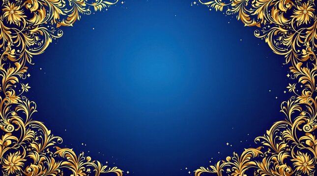 Luxurious royal blue background with golden ornate frame, vintage decorative pattern for invitation cards, certificates, or elegant designs