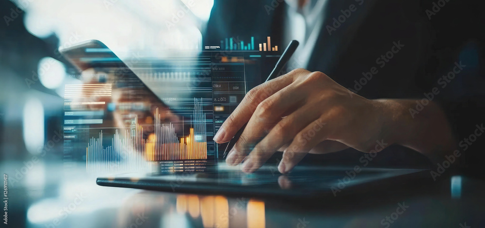 Poster businessperson analyzing financial data on tablet and smartphone displaying charts and graphs