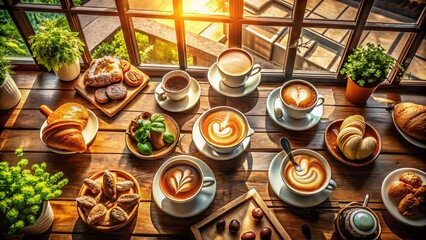 Panoramic Coffee Shop Top View: Latte Art, Croissants, and Cozy Atmosphere