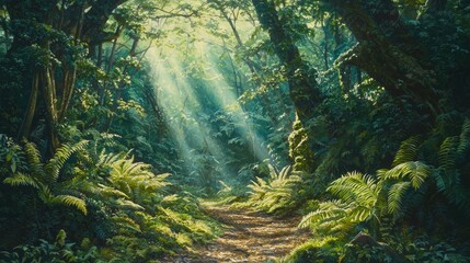 Obraz premium Sunbeams Illuminating a Lush Tropical Forest Path